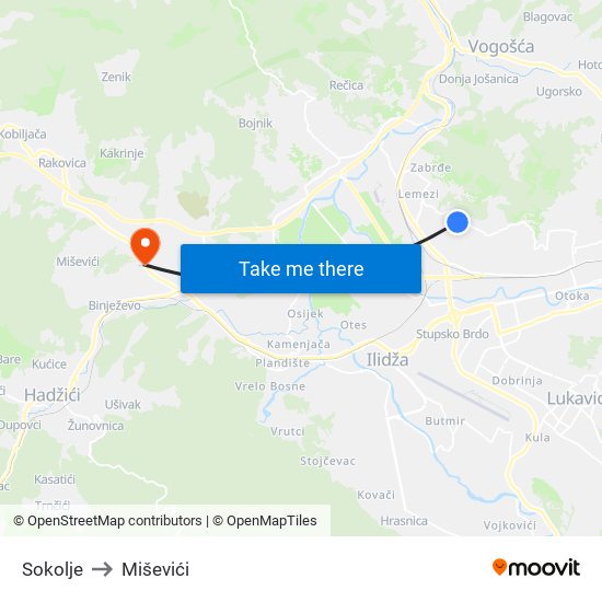Sokolje to Miševići map