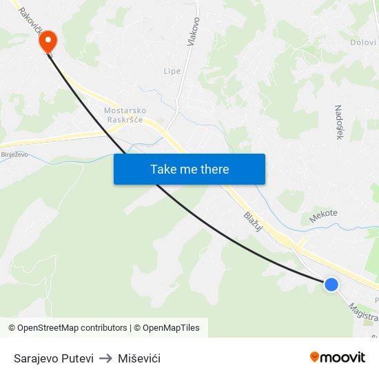 Sarajevo Putevi to Miševići map