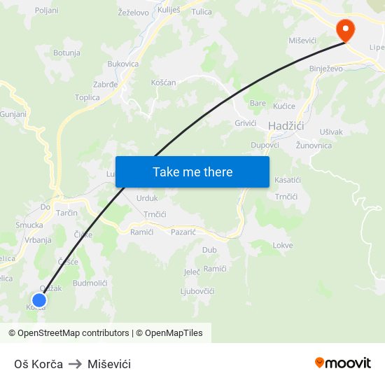 Oš Korča to Miševići map