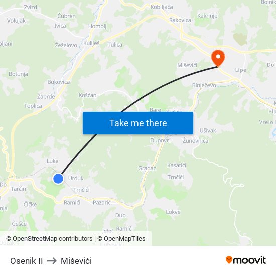 Osenik II to Miševići map