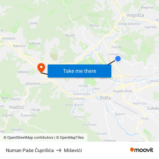 Numan Paše Ćuprilića to Miševići map