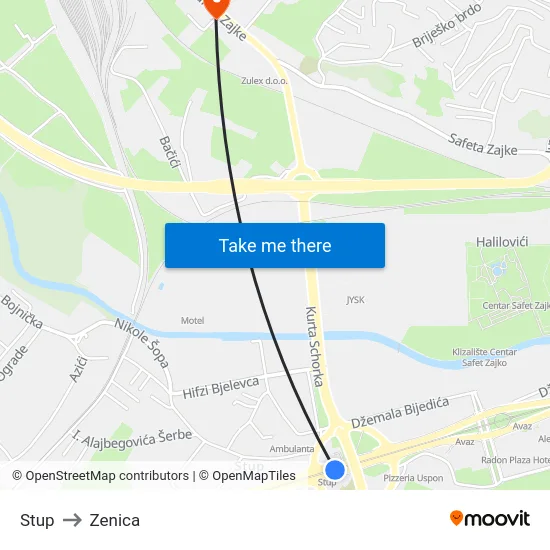 Stup to Zenica map
