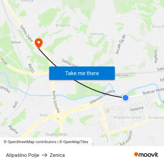 Alipašino Polje to Zenica map