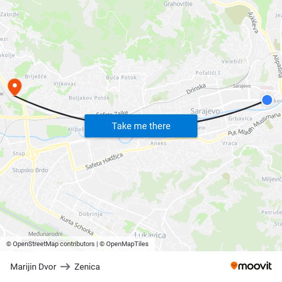 Marijin Dvor to Zenica map