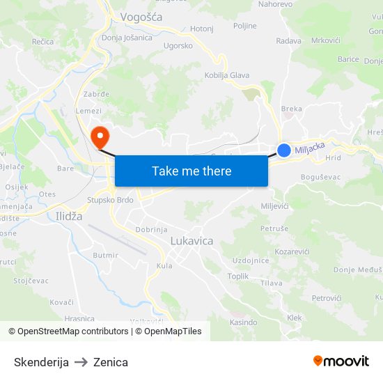 Skenderija to Zenica map