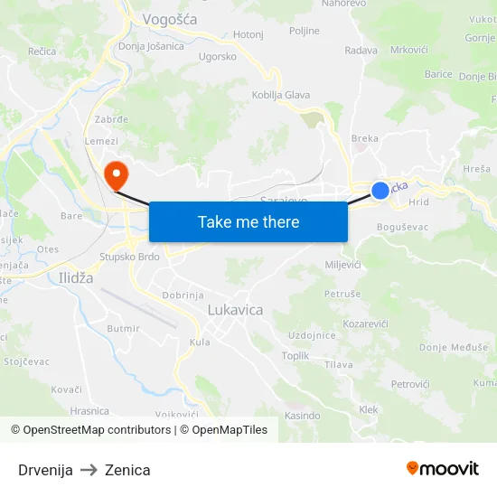 Drvenija to Zenica map