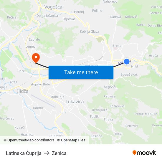 Latinska Ćuprija to Zenica map