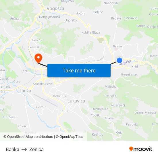 Banka to Zenica map