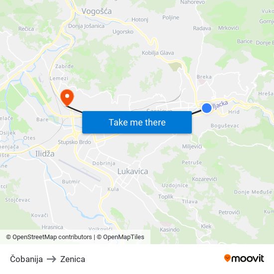 Čobanija to Zenica map