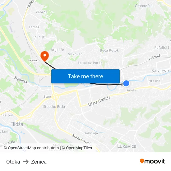 Otoka to Zenica map