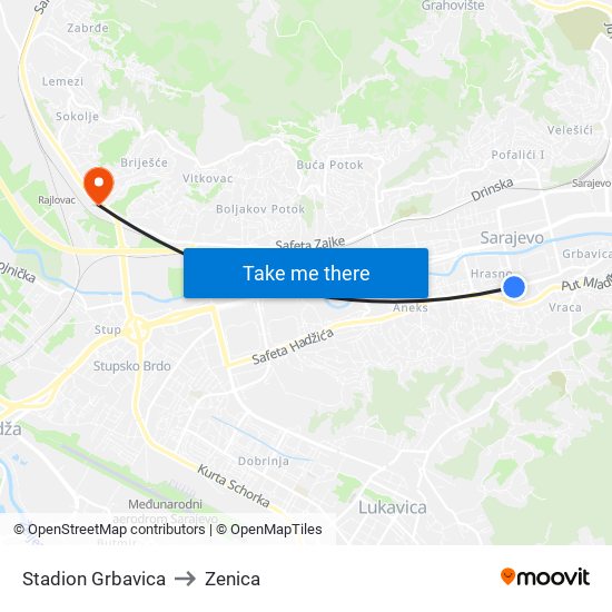 Stadion Grbavica to Zenica map