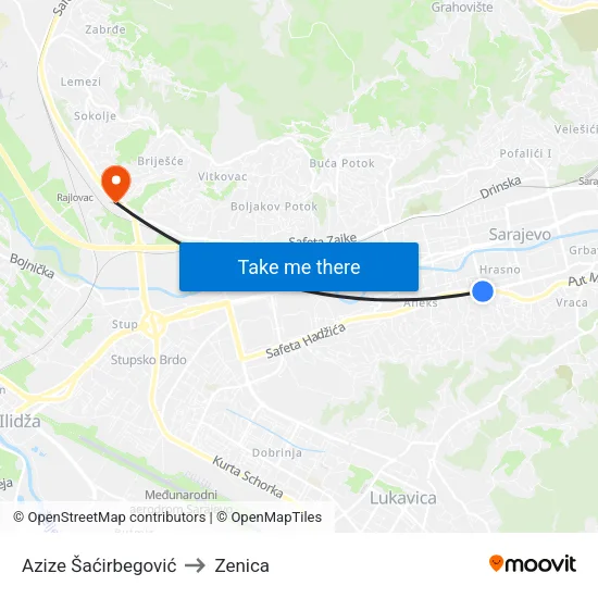 Azize Šaćirbegović to Zenica map