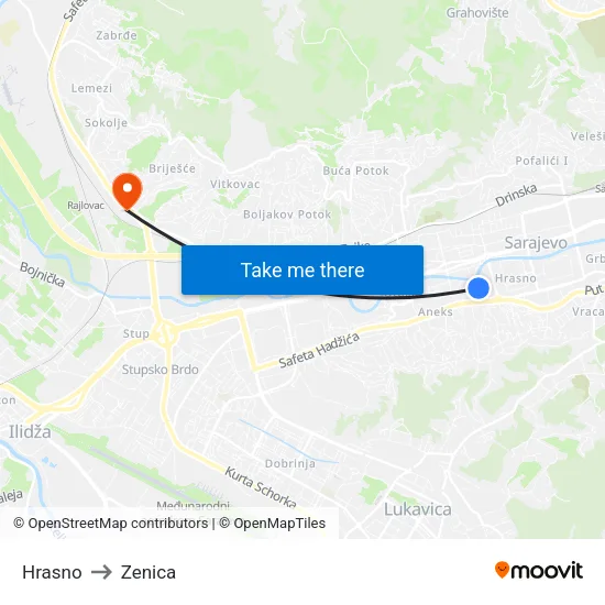 Hrasno to Zenica map