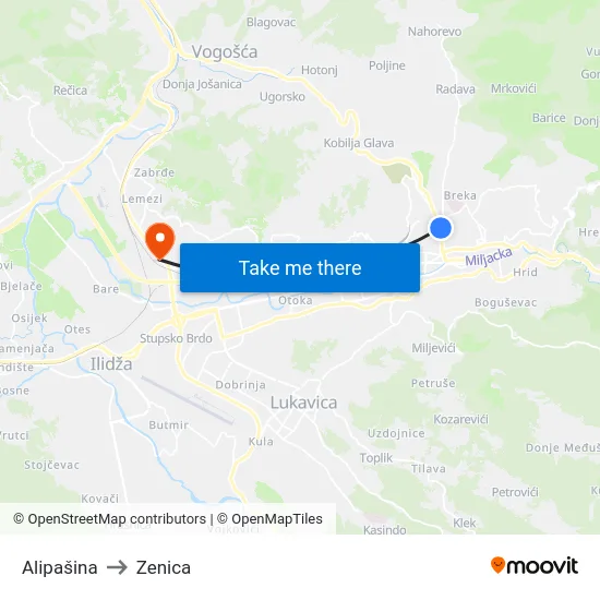 Alipašina to Zenica map