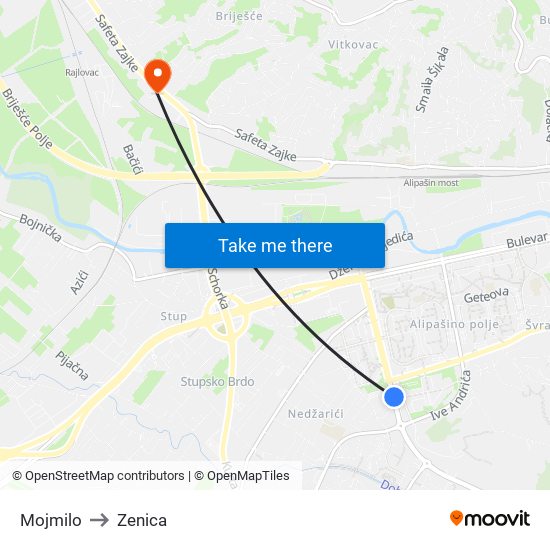 Mojmilo to Zenica map