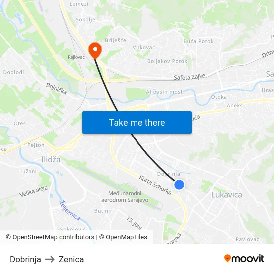 Dobrinja to Zenica map