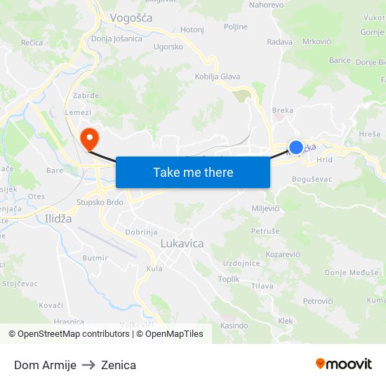 Dom Armije to Zenica map