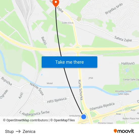 Stup to Zenica map