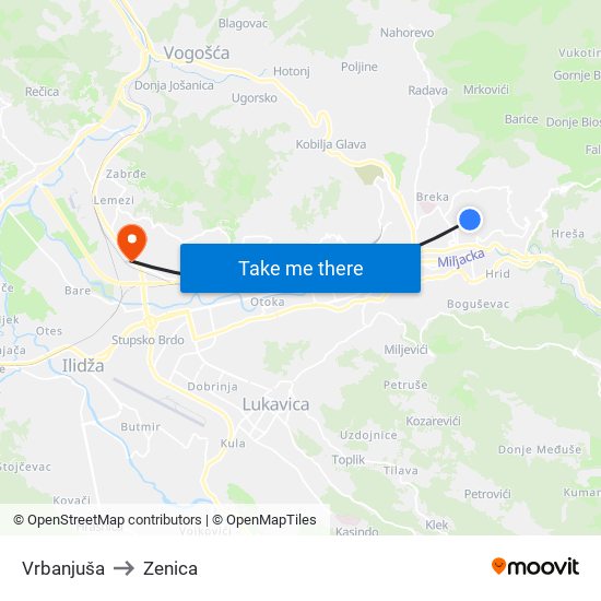 Vrbanjuša to Zenica map