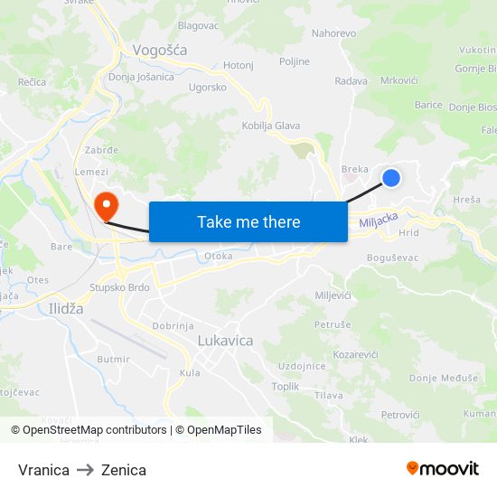 Vranica to Zenica map