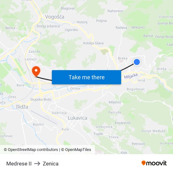Medrese II to Zenica map