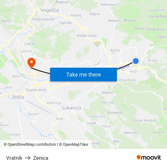 Vratnik to Zenica map