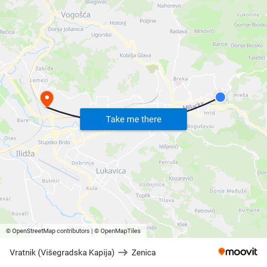 Vratnik (Višegradska Kapija) to Zenica map