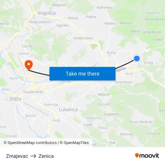 Zmajevac to Zenica map