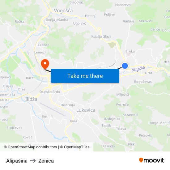 Alipašina to Zenica map