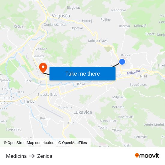 Medicina to Zenica map