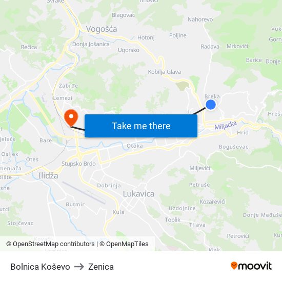 Bolnica Koševo to Zenica map