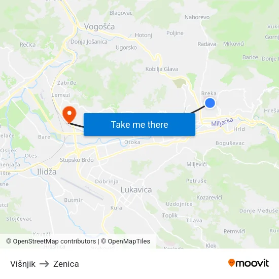 Višnjik to Zenica map