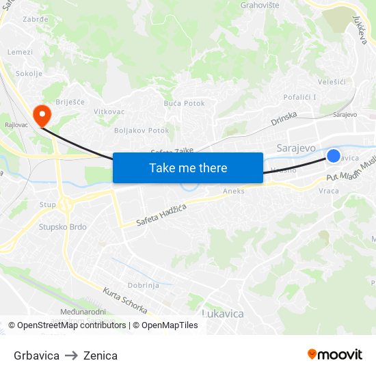 Grbavica to Zenica map