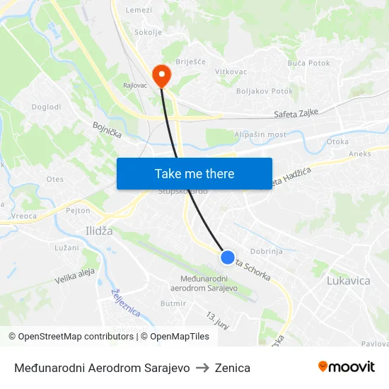Međunarodni Aerodrom Sarajevo to Zenica map