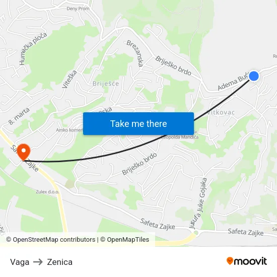 Vaga to Zenica map