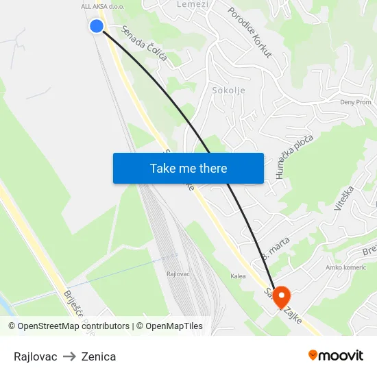 Rajlovac to Zenica map