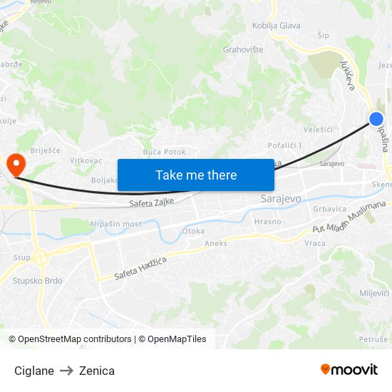 Ciglane to Zenica map