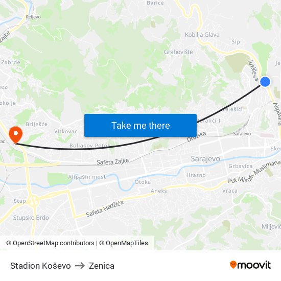 Stadion Koševo to Zenica map