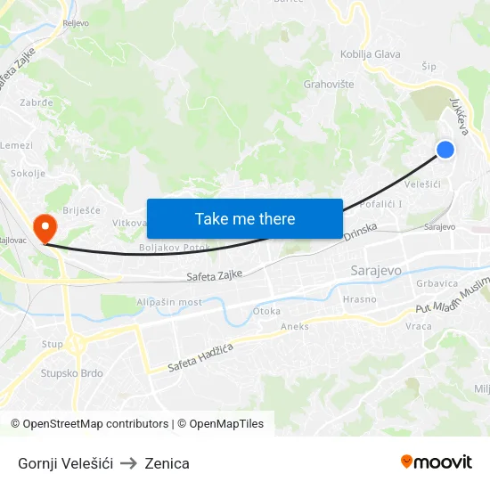 Gornji Velešići to Zenica map