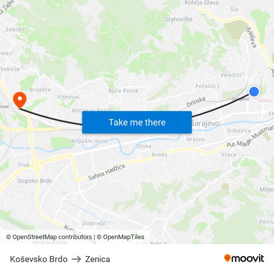 Koševsko Brdo to Zenica map