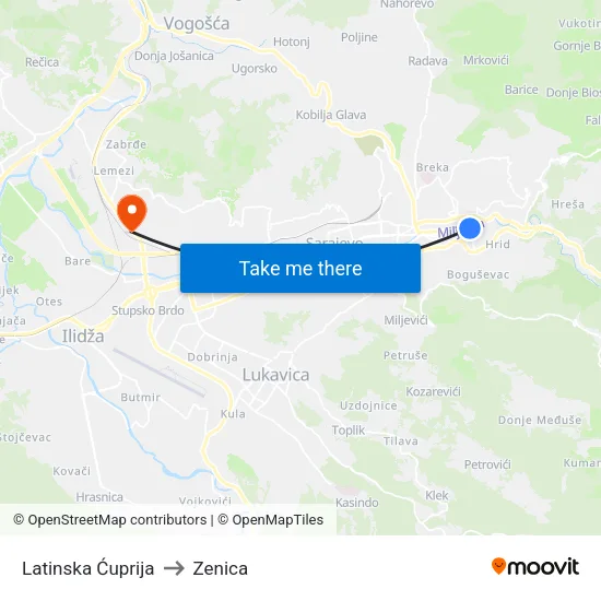 Latinska Ćuprija to Zenica map