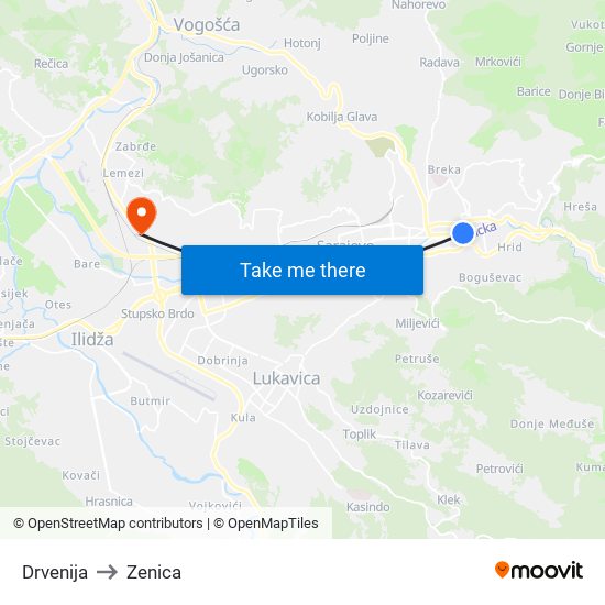 Drvenija to Zenica map