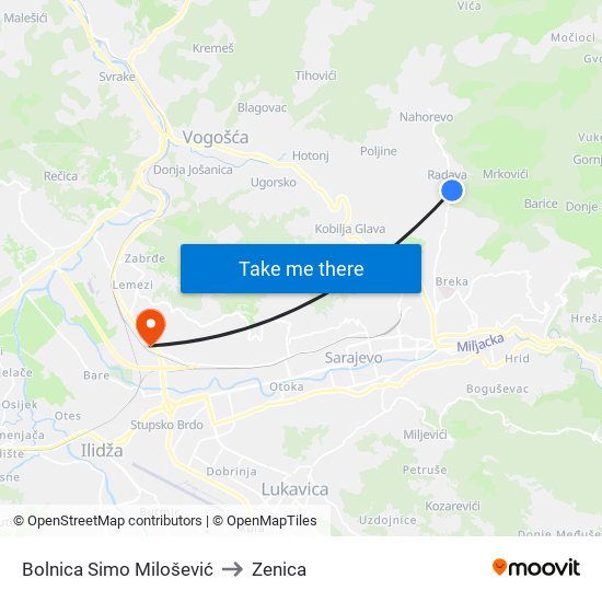 Bolnica Simo Milošević to Zenica map