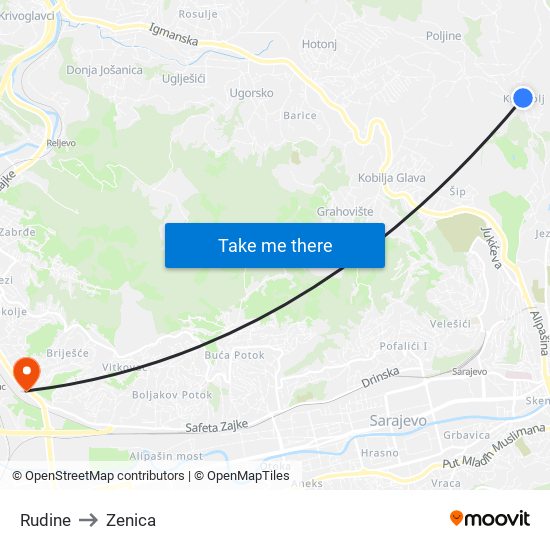 Rudine to Zenica map