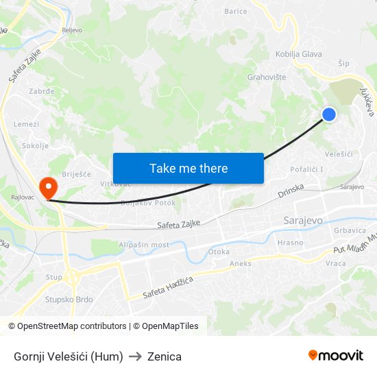 Gornji Velešići (Hum) to Zenica map