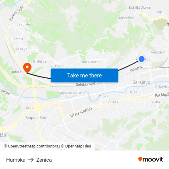 Humska to Zenica map