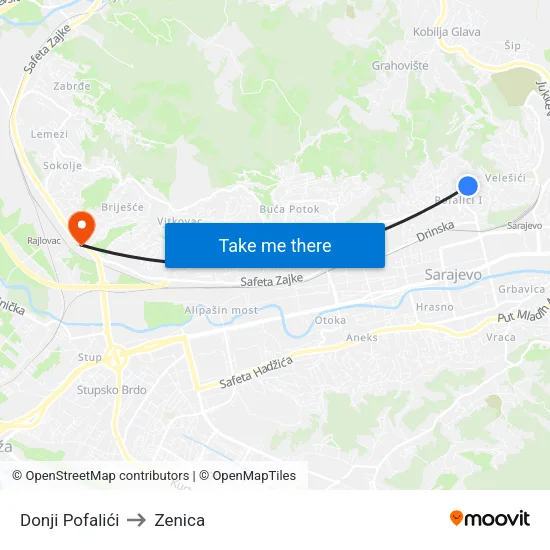 Donji Pofalići to Zenica map