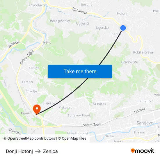 Donji Hotonj to Zenica map