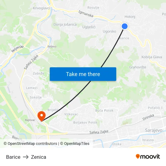 Barice to Zenica map