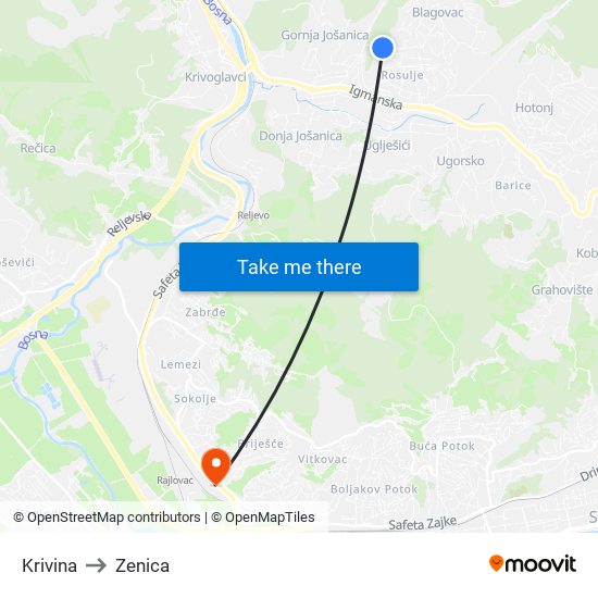 Krivina to Zenica map